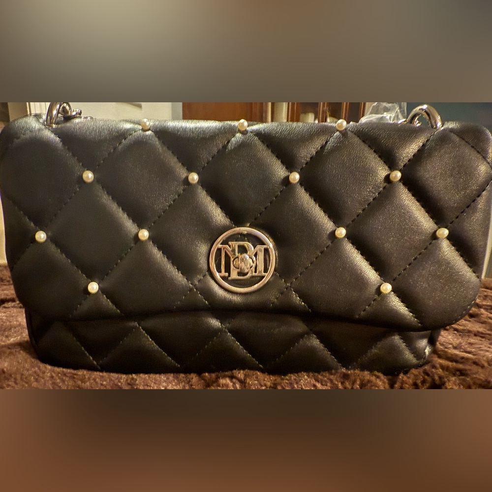Badgley Mischka Black Quilted Clutch with Pearl Accents